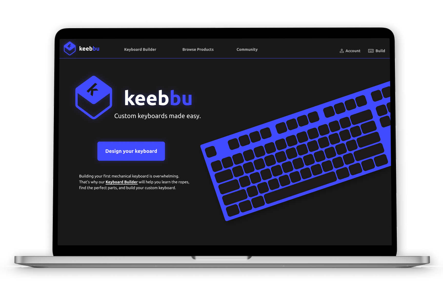 Keebbu project cover image, with an in-context mockup of the project's landing page rendered on a Macbook Pro