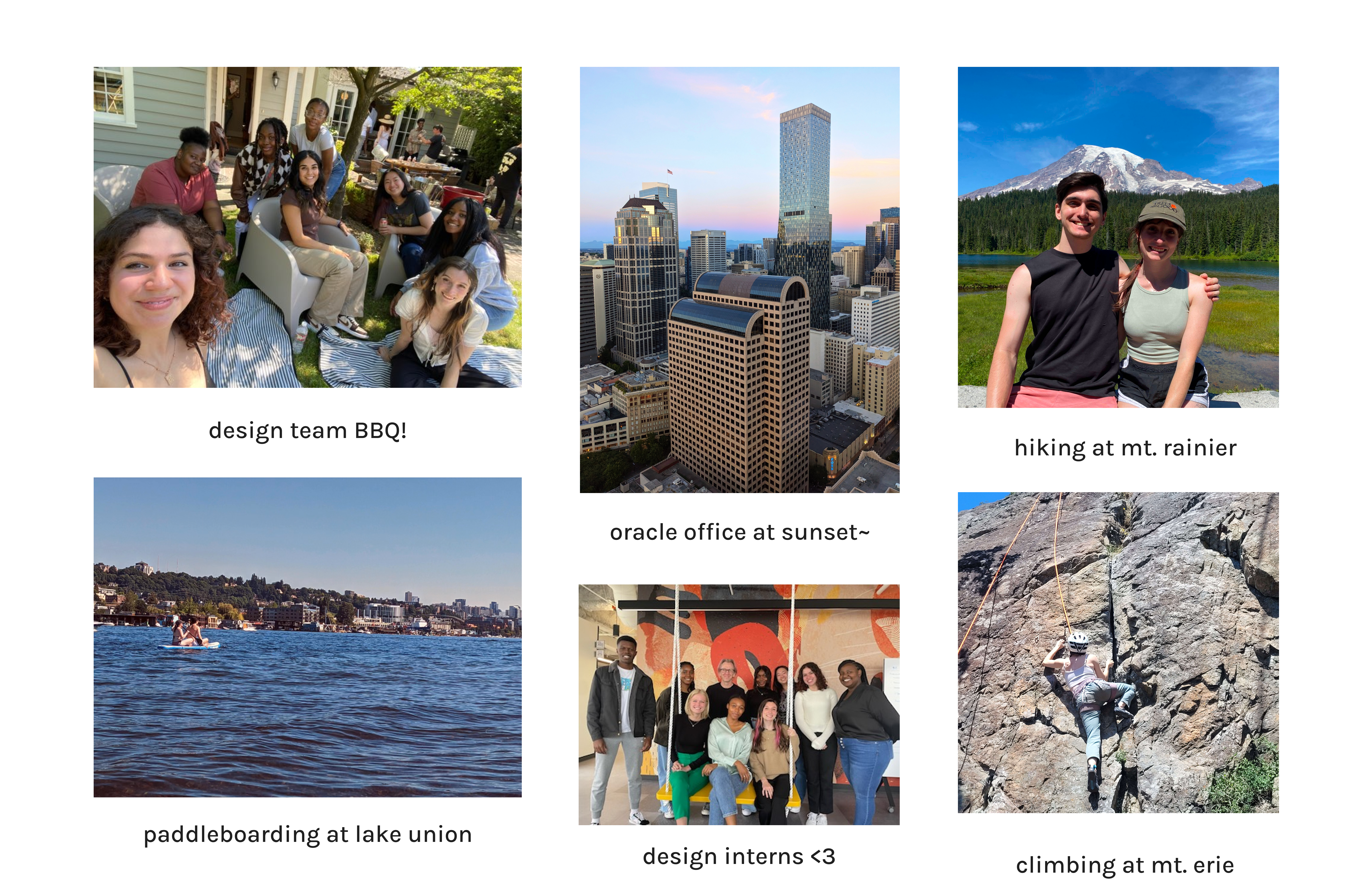 A photo collage of Evie's summer in Seattle: a group photo of the design interns, a photo of the oracle offices, a photo of Evie at Mt. Rainier and climbing at Mt. Erie, and a photo of two people paddleboarding in Lake Union